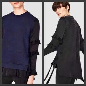ZARA Navy Blue and Black Satin Contrast Layered Sweater Sweatshirt Blouse Small